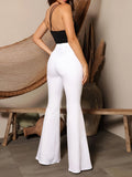 dunnmall  Plain White Flare Leg Jeans, High Stretch Elegant Pintuck Bell Bottoms Denim Pants, Women's Denim Jeans & Clothing