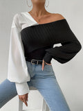dunnmall Color Block V-neck Top, Elegant Lantern Sleeve Slim Top For Spring & Fall, Women's Clothing