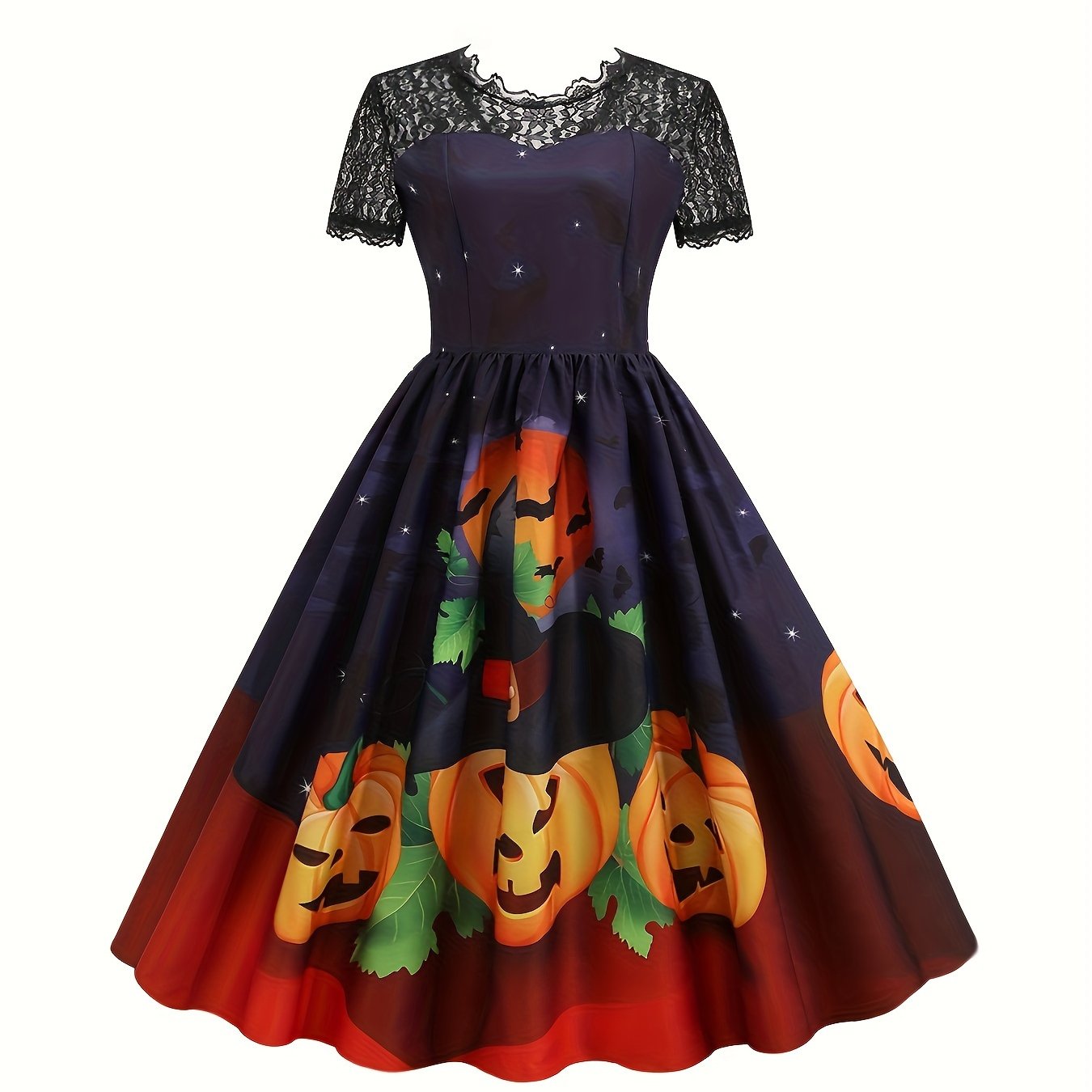 Halloween Witch & Castle Print Lace Stitching Dress, Elegant Ruffle Hem Swing Aline Dress, Women's Clothing