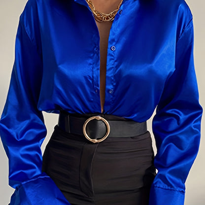 Solid Button Front Shirt, Casual Satin Long Sleeve Collar Shirt, Women's Clothing