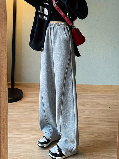 dunnmall Solid Elastic High Waist Sweatpants, Casual Sporty Wide Leg Pants With Pocket, Women's Clothing