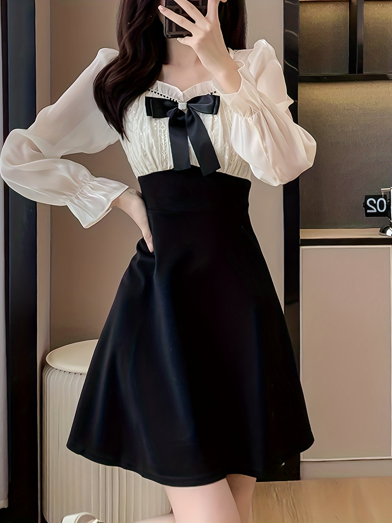 dunnmall  Color Block Bow Tie Dress, Elegant Ruffle Trim Long Sleeve Dress, Women's Clothing