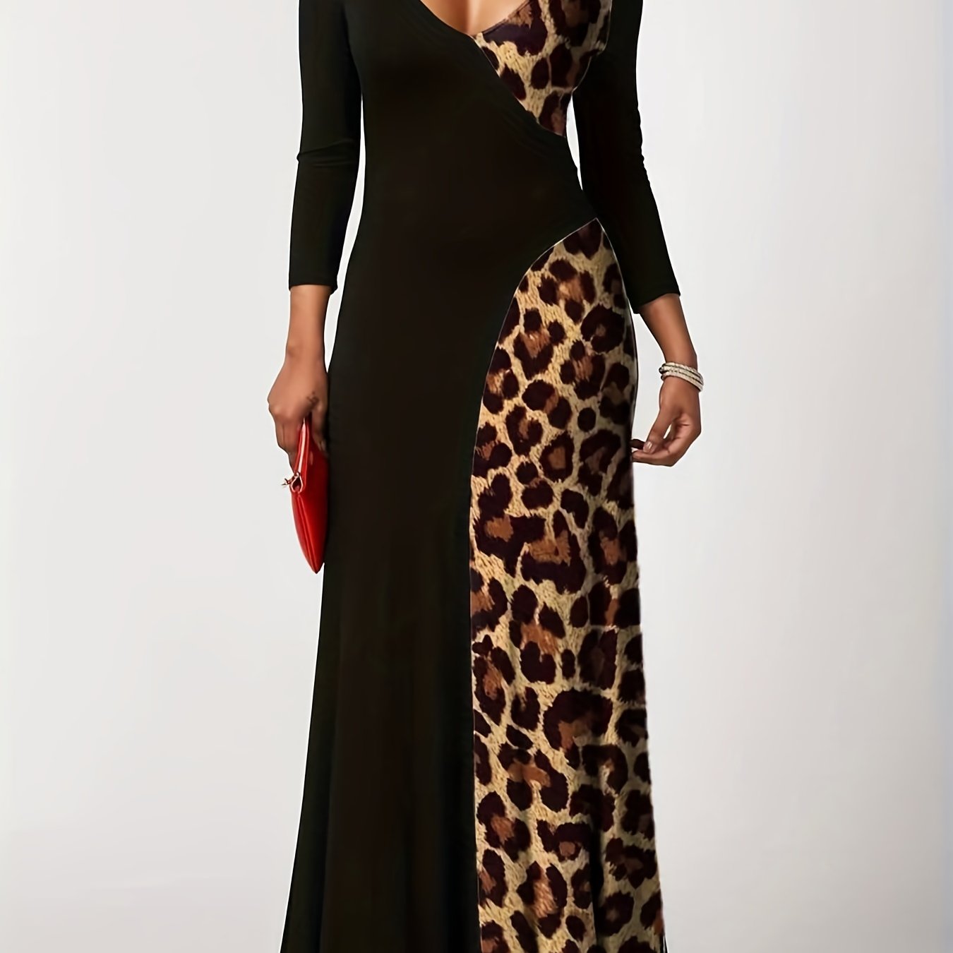 dunnmall Plus Size Casual Dress, Women's Plus Colorblock Leopard Print Long Sleeve V Neck Slim Fit Maxi Dress