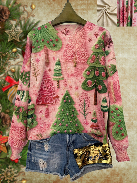 Women's Lightweight Christmas Tree Print Crew Neck Sweater - Casual Long Sleeve Knit Pullover, Soft Polyester & Spandex Blend, Non-Sheer, Perfect for All Seasons