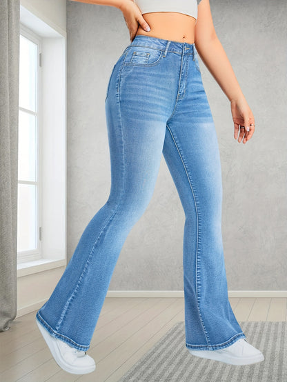 xieyinshe Light Blue Casual Bootcut Jeans, Mid-Stretch Slant Pockets High Waist Denim Pants, Women's Denim Jeans & Clothing