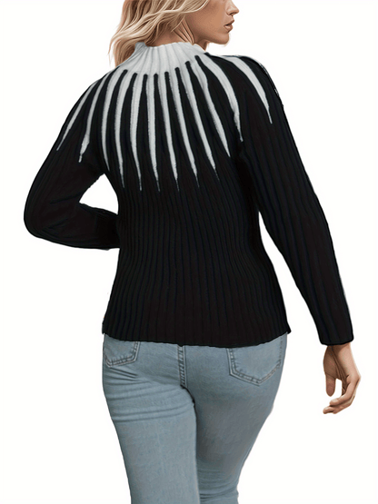 dunnmall  Color Block Knit Sweater, Casual High Neck Long Sleeve Ribbed Sweater, Women's Clothing