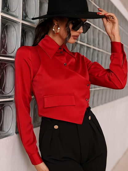 dunnmall  Button Front Asymmetric Crop Blouse, Stylish Long Sleeve Lapel Blouse For Spring & Fall, Women's Clothing