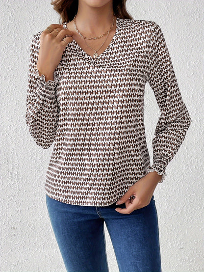 All Over Print V Neck Blouse, Casual Long Sleeve Blouse For Spring & Fall, Women's Clothing