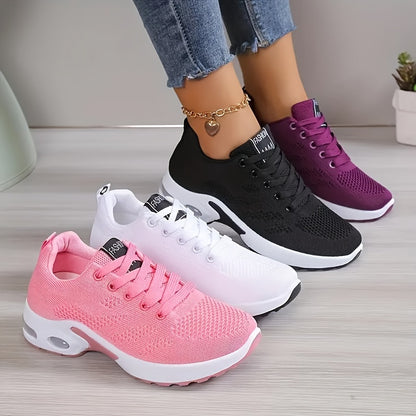 dunnmall  Women's Solid Color Casual Sneakers, Lace Up Platform Soft Sole Air Cushion Walking Shoes, Low-top Breathable Shoes