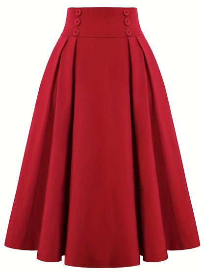 Versatile Solid Pleated Skirts, Elegant Button Front High Waist Skirts, Women's Clothing