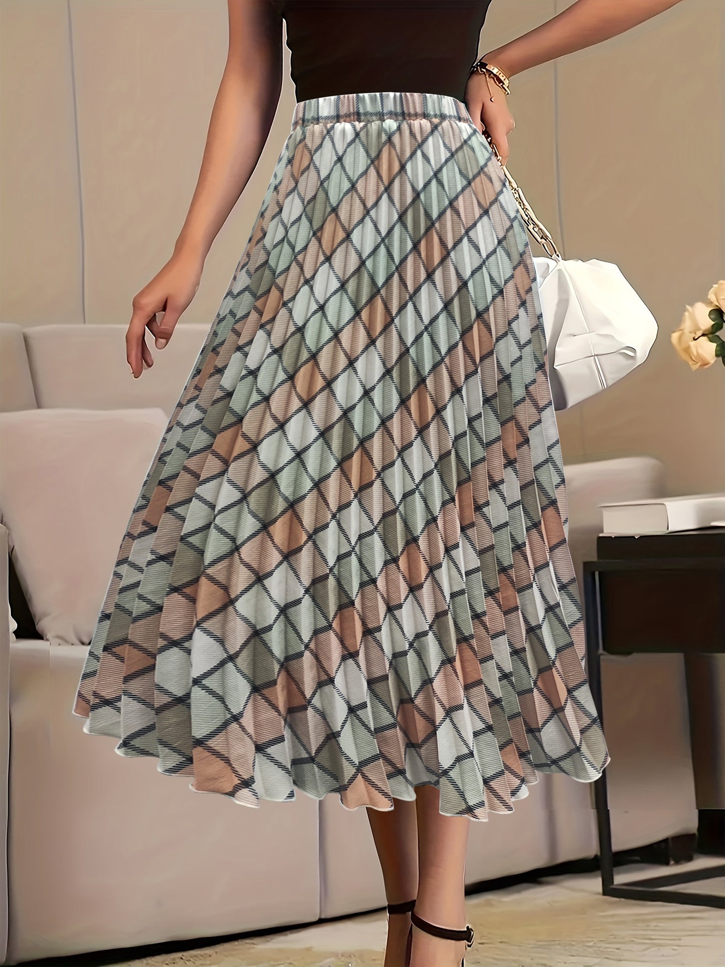 Plus Size Casual Skirt, Women's Plus Argyle Print Elastic High Rise Pleated Maxi Skirt