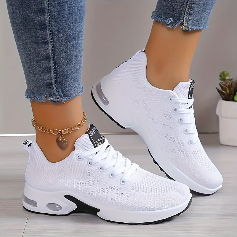 dunnmall  Women's Solid Color Casual Sneakers, Lace Up Platform Soft Sole Air Cushion Walking Shoes, Low-top Breathable Shoes