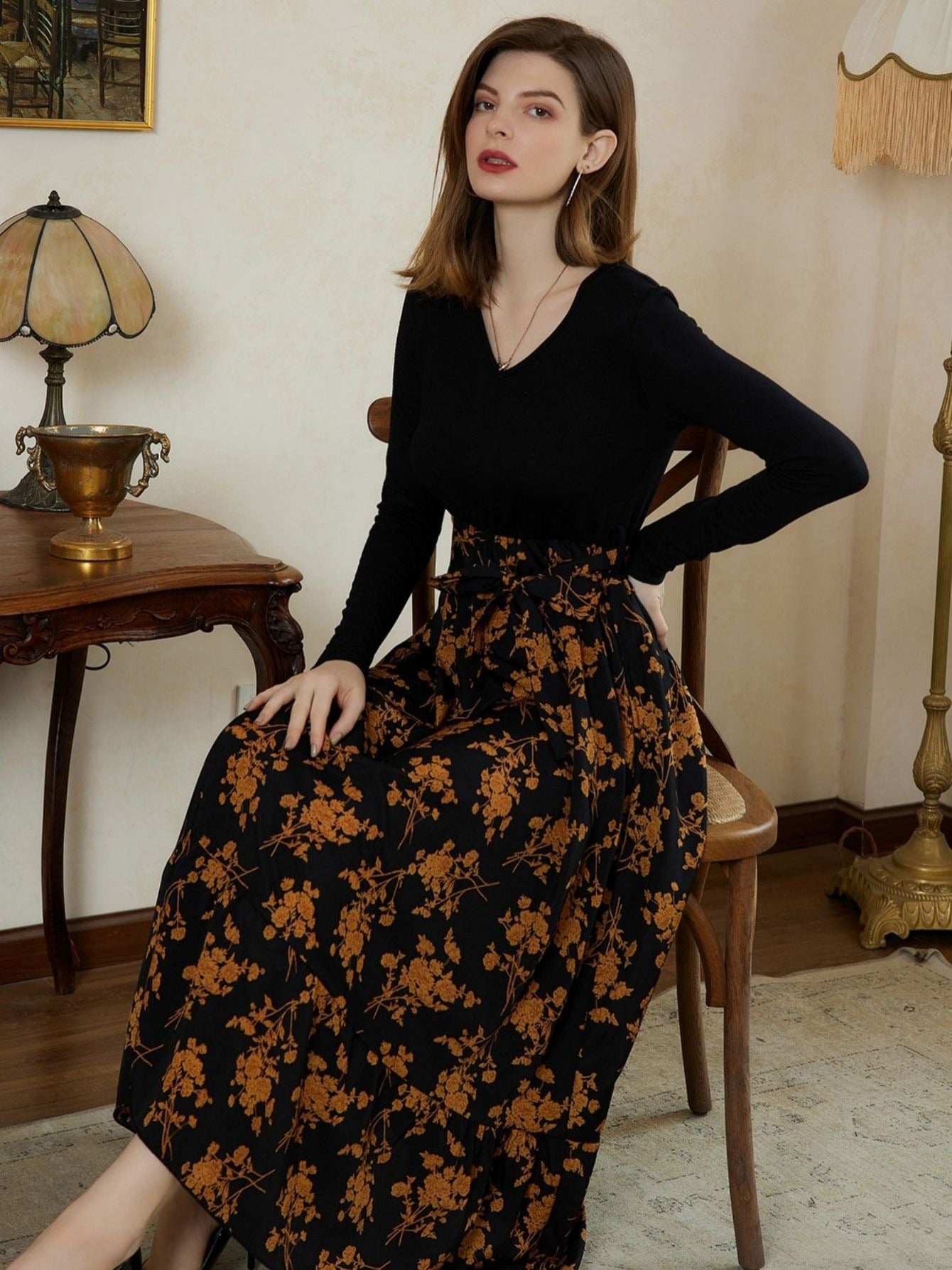 Women's Dresses Knitted Long-sleeve Paneled Floral Swing Dresses