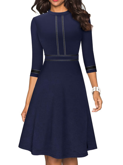 Three-quarter Sleeve Dress, Elegant Crew Neck Flare Dress, Women's Clothing