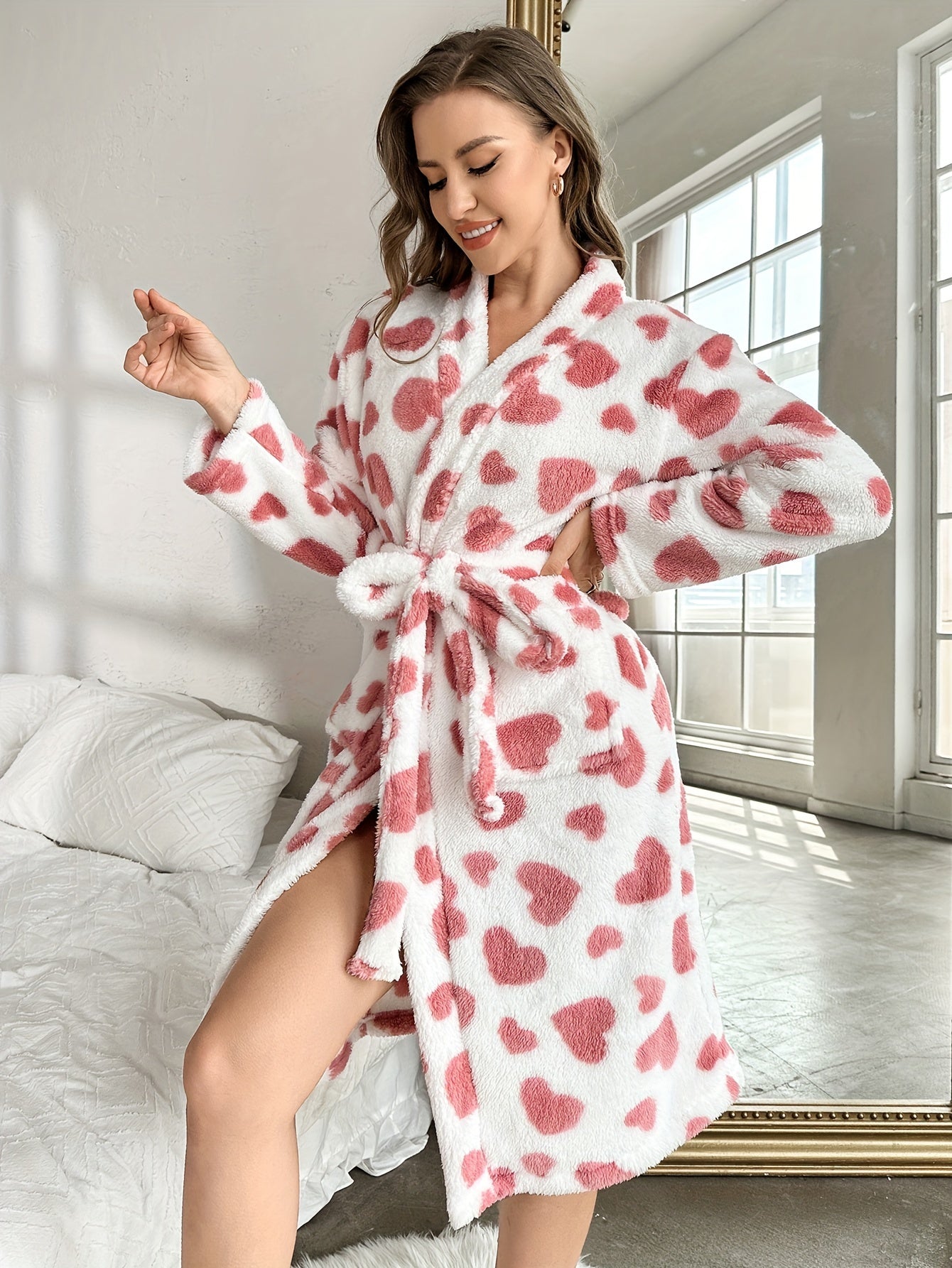 Elegant Heart Pattern Fleece Thickened Night Robe For Fall & Winter, Long Sleeve V Neck Robe With Pockets, Women's Sleepwear & Dresses