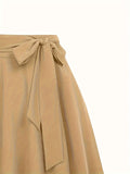 Plus Size Casual Skirt, Women's Plus Solid Knot Front High Rise A-line Midi Skirt