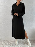 dunnmall Solid Polo Neck Split Dress, Versatile Loose Long Sleeve Dress For Spring & Fall, Women's Clothing