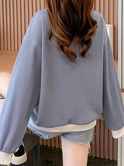 dunnmall  Color Block Lapel Pullover Sweatshirt, Casual Long Sleeve Crisscross Drawstring Sweatshirt For Fall & Winter, Women's Clothing