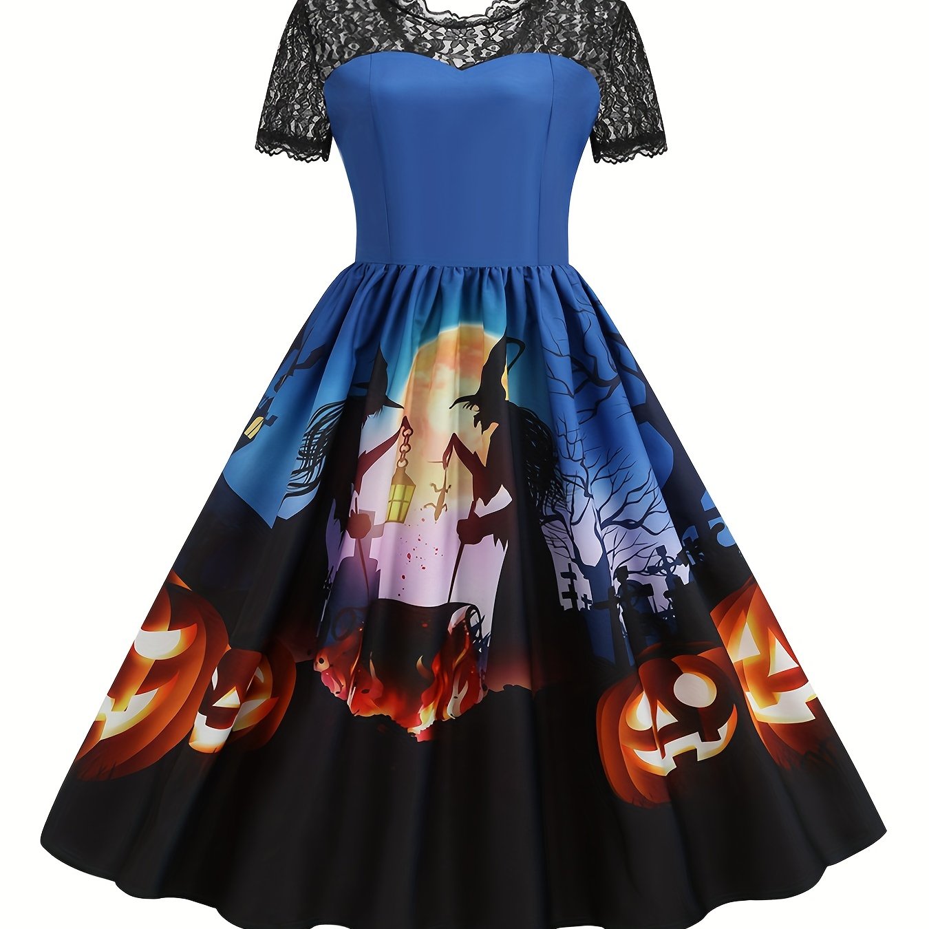 Halloween Witch & Castle Print Lace Stitching Dress, Elegant Ruffle Hem Swing Aline Dress, Women's Clothing