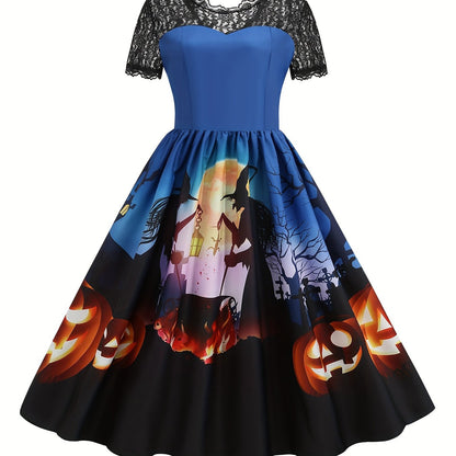 Halloween Witch & Castle Print Lace Stitching Dress, Elegant Ruffle Hem Swing Aline Dress, Women's Clothing