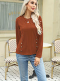 dunnmall Ribbed Button Decor Crew Neck T-Shirt, Casual Long Sleeve Top For Spring & Fall, Women's Clothing
