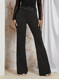 dunnmall  Solid Color Flare Leg Pants, Elegant Belt Skinny High Waist Pants For Spring & Summer, Women's Clothing