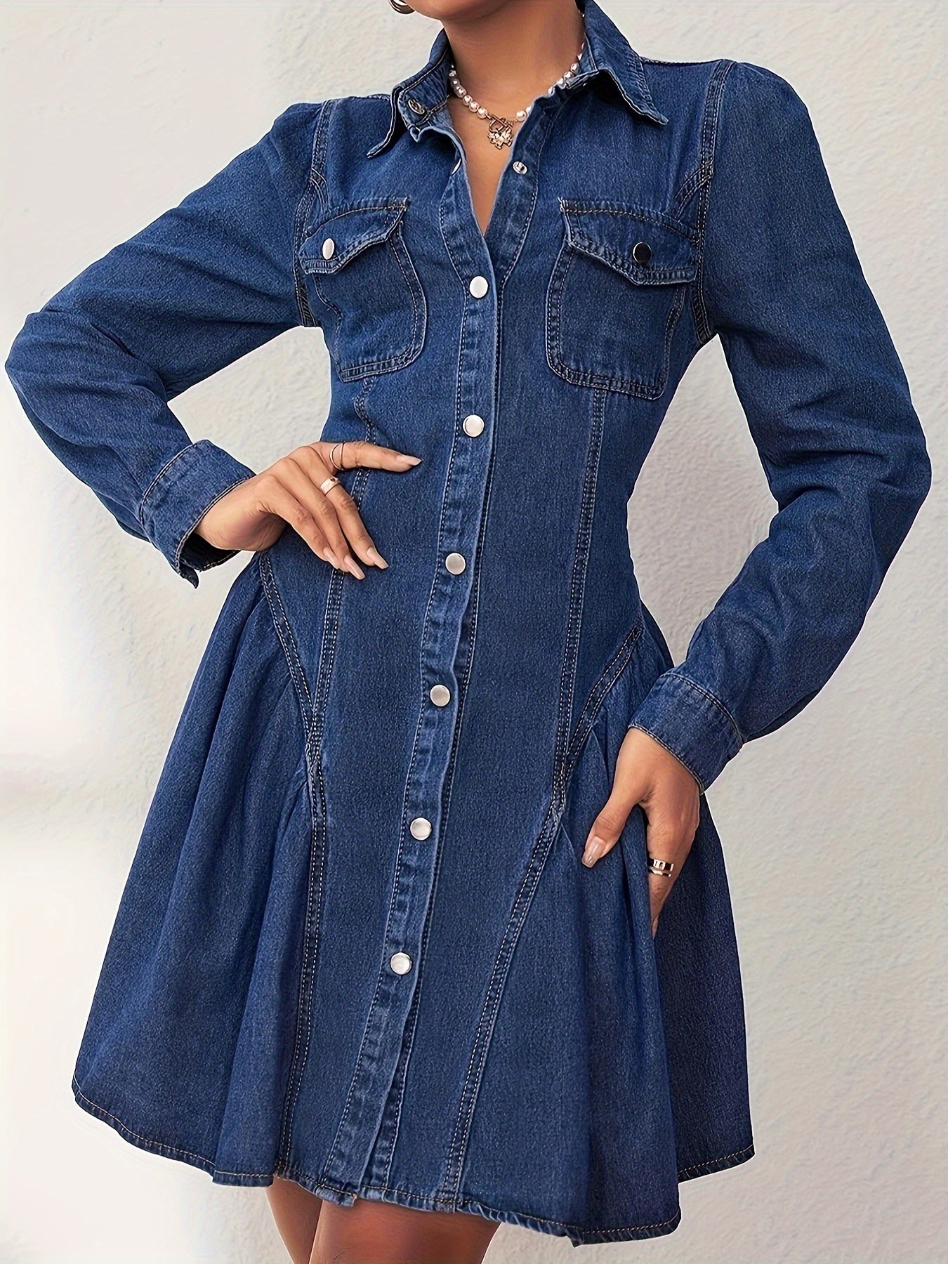 dunnmall  Ruffled Single-breasted Long Sleeve Denim Dress, Lapel Plain Washed Blue Retro Elegant Denim Dress, Women's Denim Jeans & Clothing