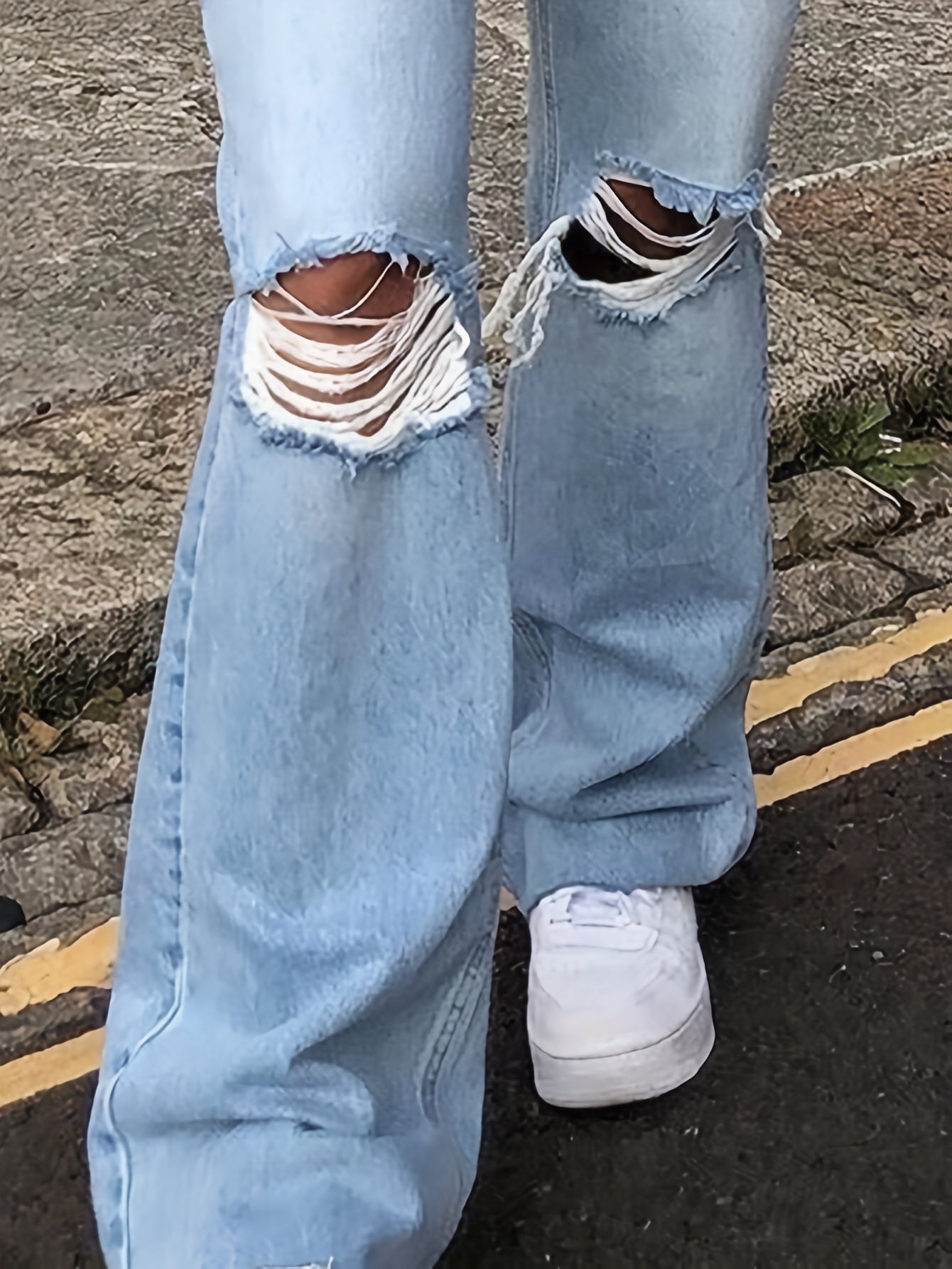 dunnmall  Blue Raw Hem Flared Jeans, Bell Bottom Ripped High Waist Wide Legs Slash Pockets Denim Pants, Women's Denim Jeans & Clothing