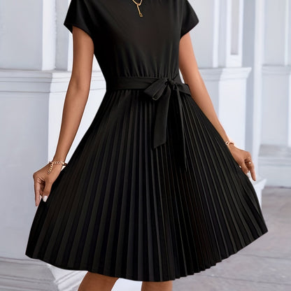 dunnmall  Pleated Tie Front Dress, Casual Solid Short Sleeve Dress For Spring & Summer, Women's Clothing