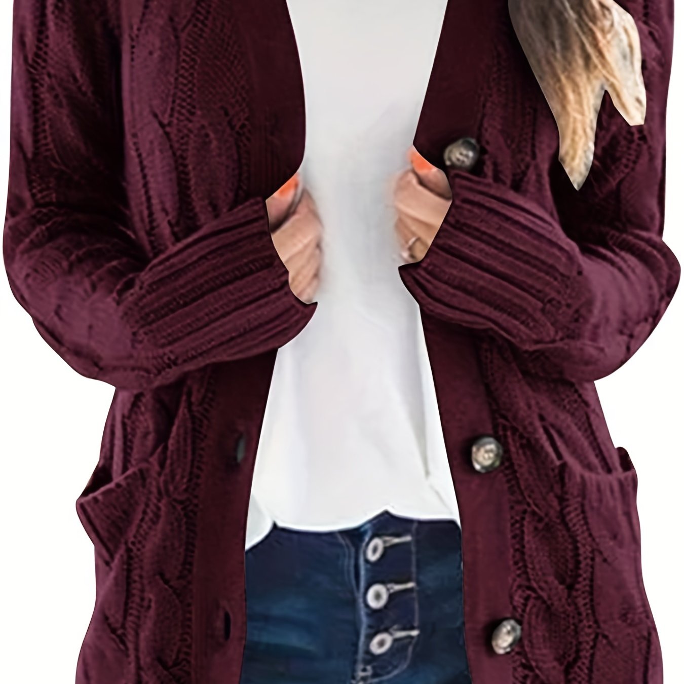 dunnmall  Cable Knit Button Front Cardigan, Casual Solid Long Sleeve Cardigan For Fall & Winter, Women's Clothing