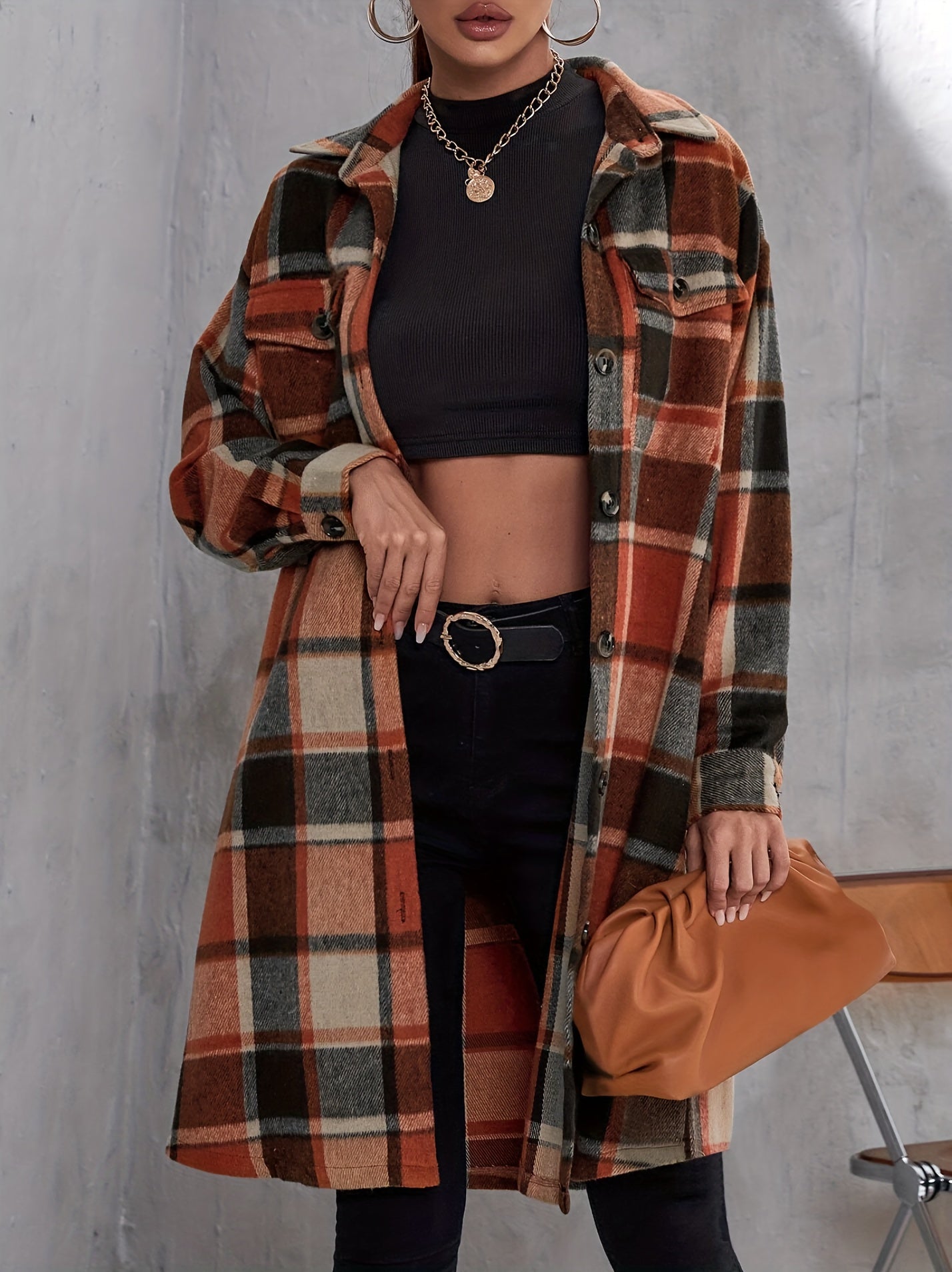 dunnmall Plaid Print Long Length Coat, Casual Button Front Long Sleeve Outerwear, Women's Clothing