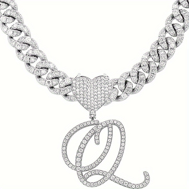 1 Piece Initial Necklace Men Women Silvery Cuban Chain Ice Rhinestone With Heart Shaped Letter Pendant Necklace Hip Hop Jewelry Gift