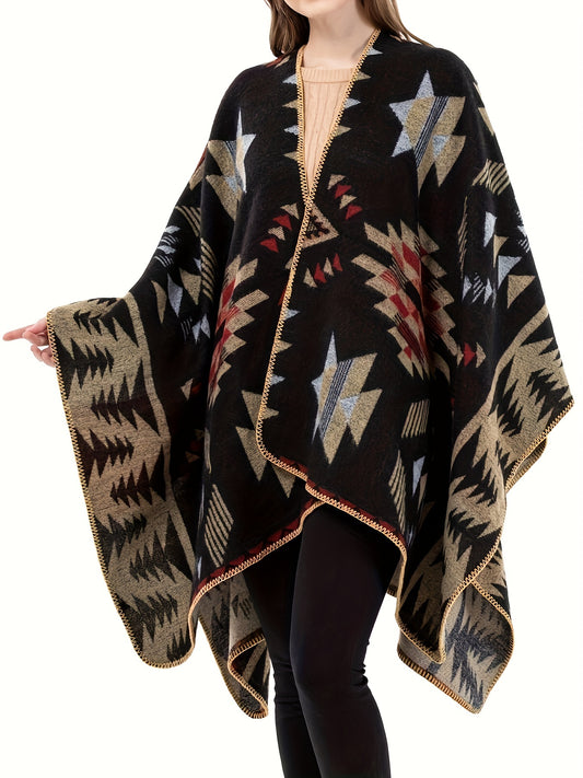 dunnmall Plus Size Boho Coat, Women's Plus Aztec Print Batwing Sleeve Open Front Asymmetric Hem Shawl Cape Coat