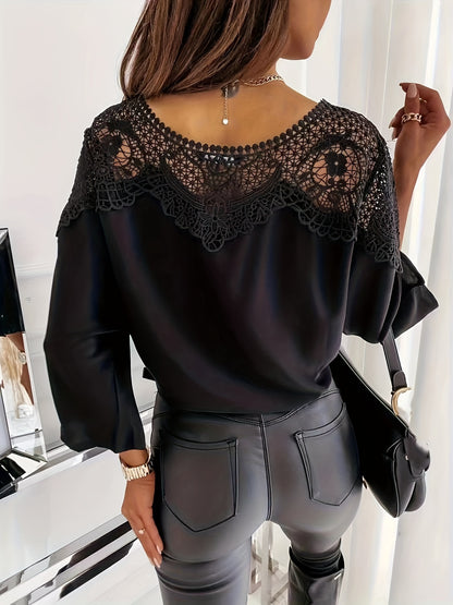 dunnmall  Lace Splicing Batwing Sleeve Blouse, Casual Solid Off Shoulder Summer Blouse, Women's Clothing