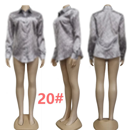 Women Blouse Shirts Designer Print Shirt Tops Long Sleeve Slim Fit Shirt Free Ship