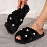 Women's Faux Fur Slides With Elegant Faux Pearls, Comfy Open Toe House Slippers For Indoor/Outdoor Use, Fashionable Crisscross Bands Slip-On Footwear, Winter & Autumn