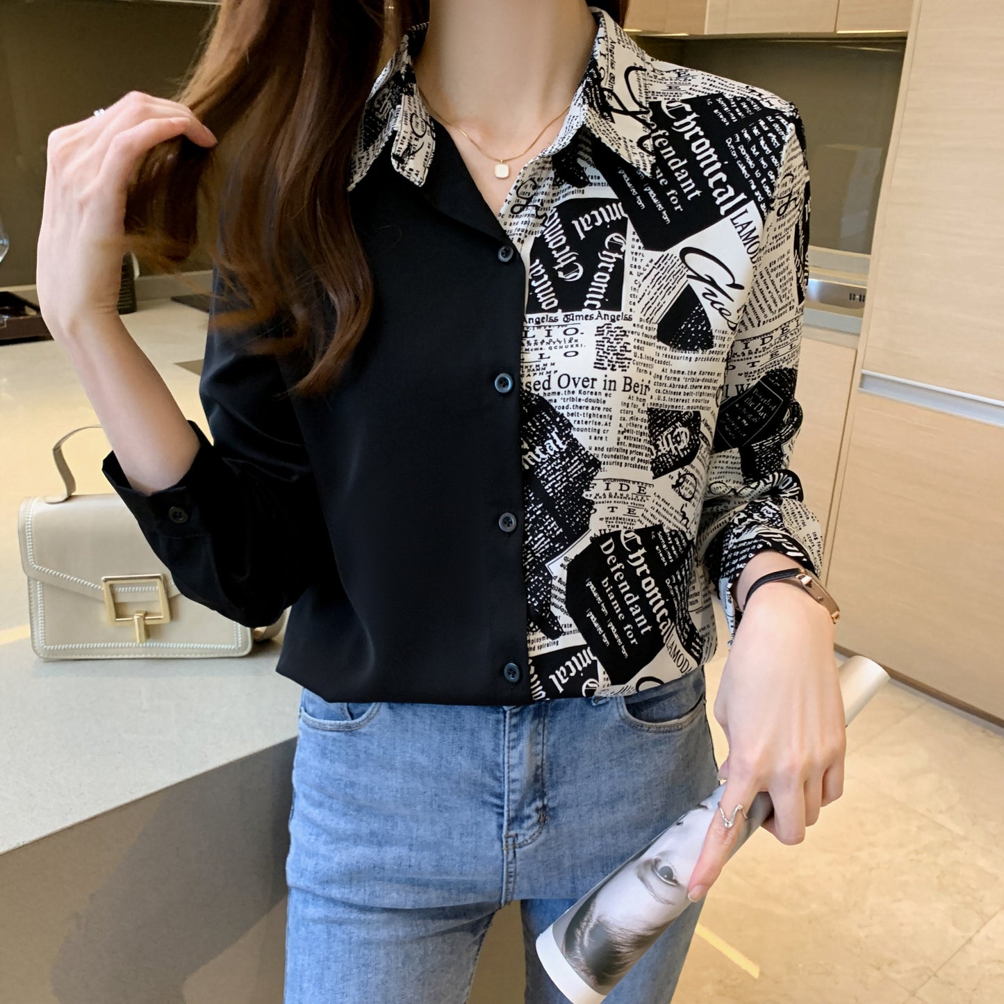 dunnmall  Color Block Letter Print Shirt, Button Down Long Sleeve Shirt, Casual Every Day Tops, Women's Clothing