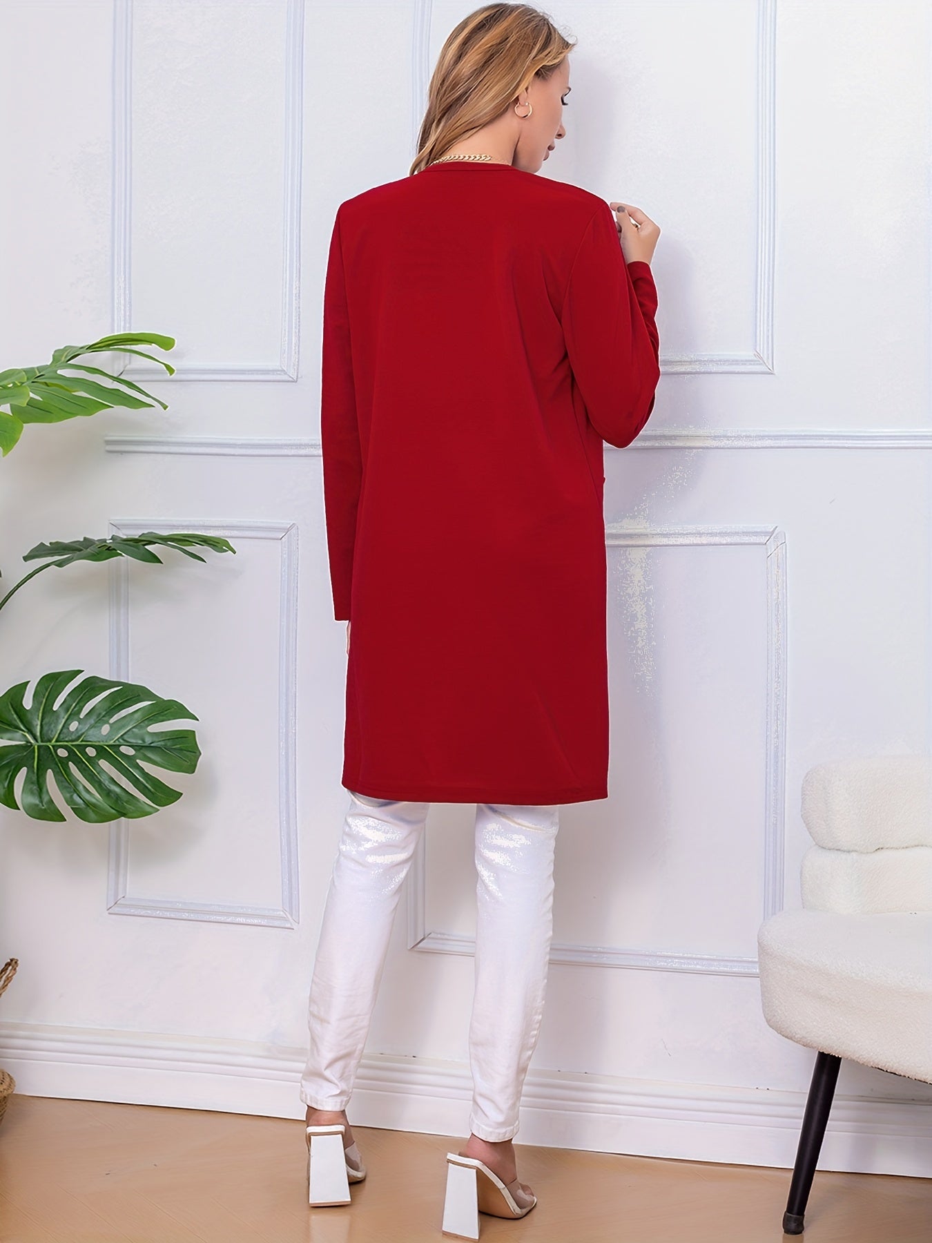 Long Length Open Front Coat, Casual Long Sleeve Solid Outerwear, Women's Clothing