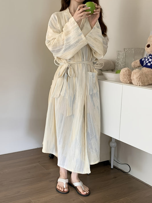 Women's Ombre Stripe Print Elegant Night Robe, Long Sleeve Surplice Neck Belted Sleep Robe With Pockets, Comfortable Nightgown