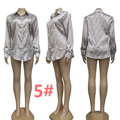 Women Blouse Shirts Designer Print Shirt Tops Long Sleeve Slim Fit Shirt Free Ship