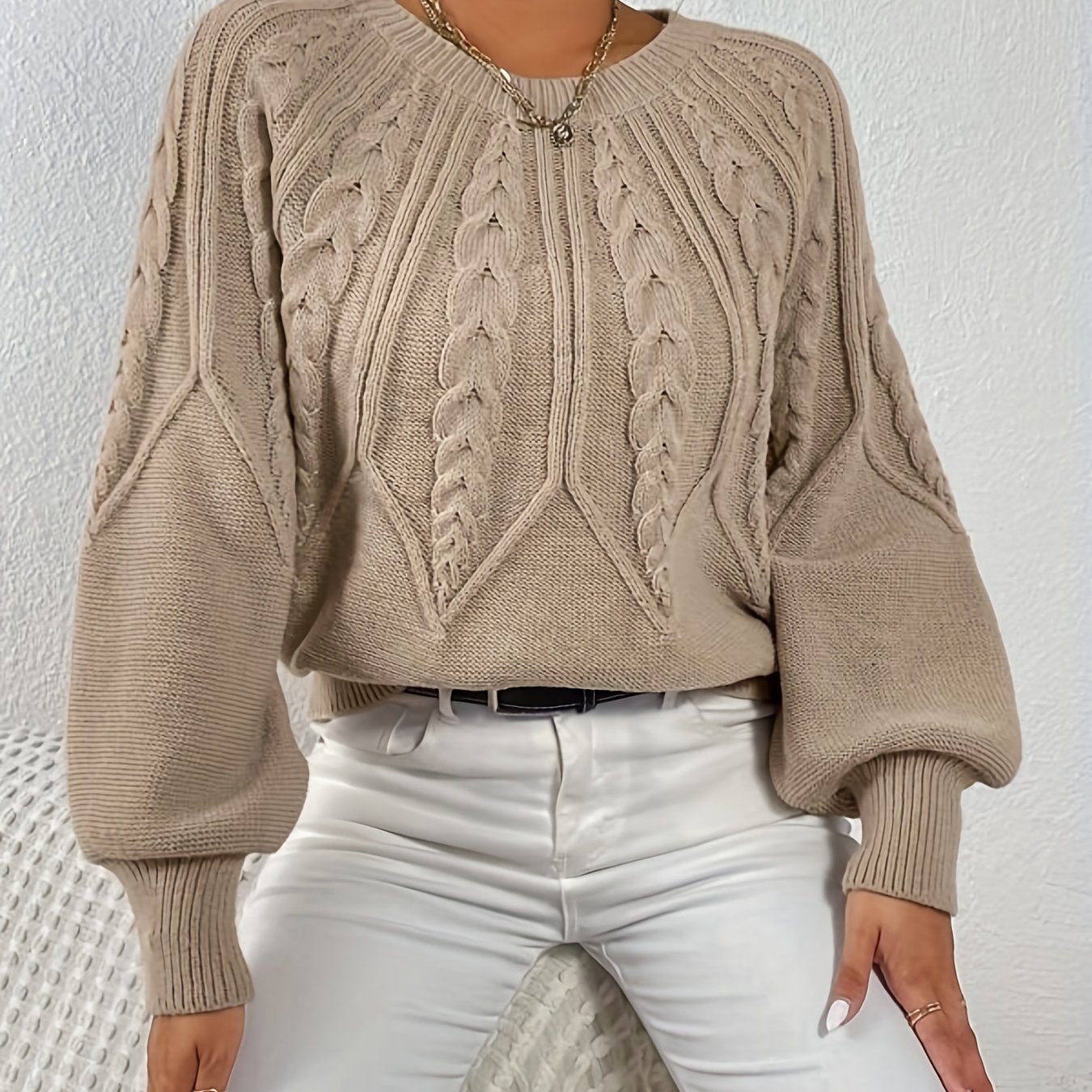 dunnmall  Solid Cable Knit Sweater, Casual Crew Neck Long Sleeve Sweater, Women's Clothing