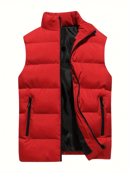 dunnmall  Warm Winter Vest, Men's Casual Zipper Pockets Stand Collar Zip Up Cotton Padded Vest For Fall Winter