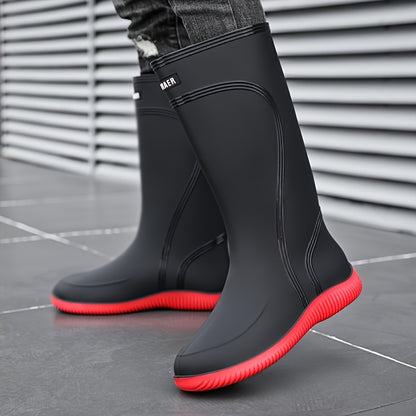 Universal Fit Solid Color Durable Waterproof High-Top Rain Boots - PVC Upper, Fabric Lining, Non-Slip PVC Sole, Slip-On Closure, Fabric Insole