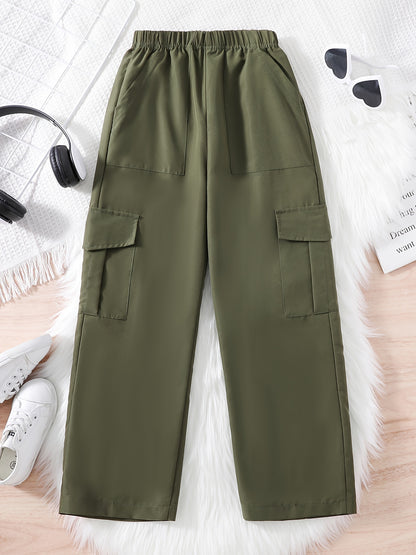 Girl Solid Trendy Side Pockets Cargo Pants, Kids Comfy Versatile Pants For Streetwear