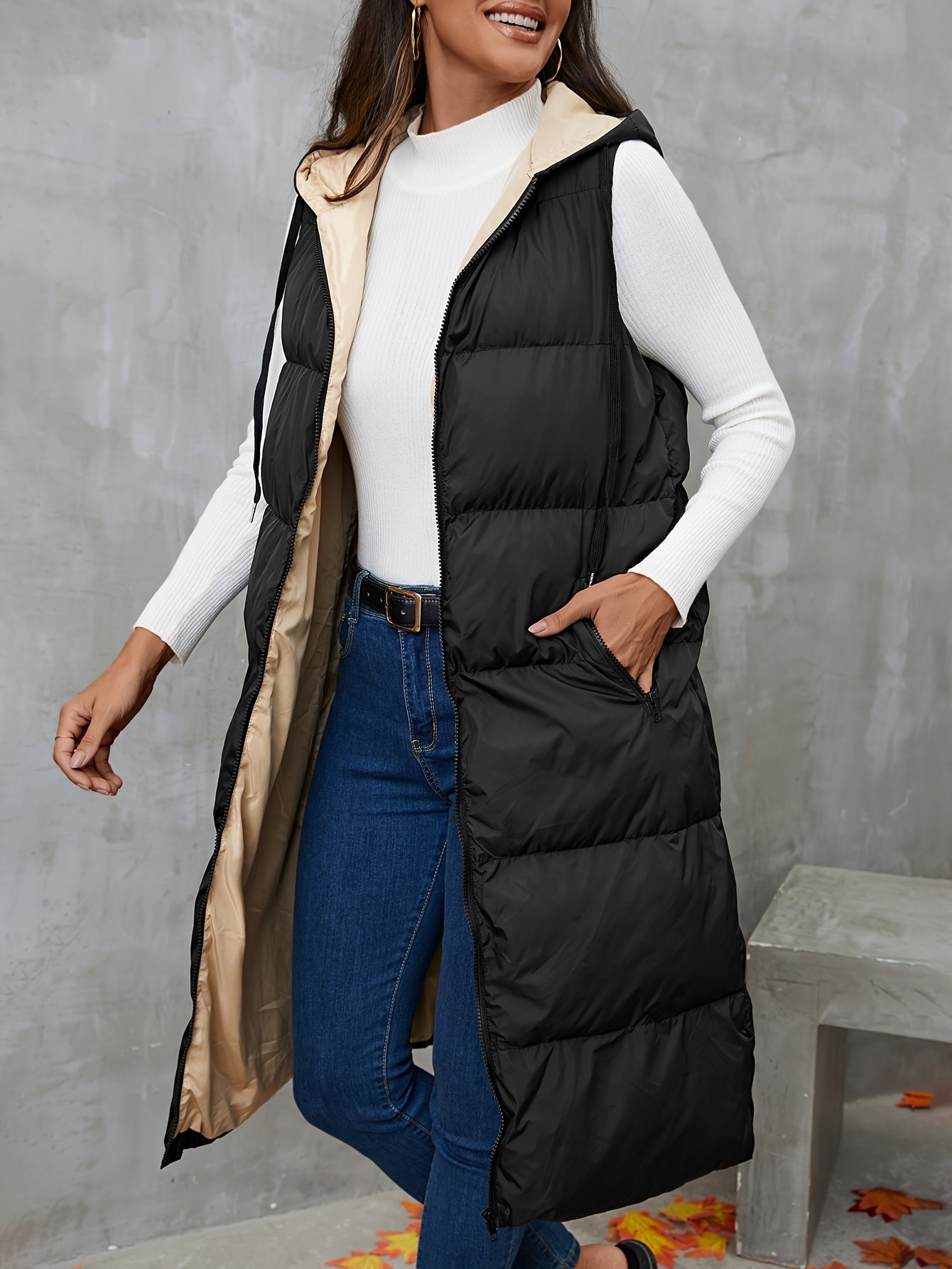 Hooded Sleeveless Coat, Casual Zipper Long Length Winter Outerwear, Women's Clothing