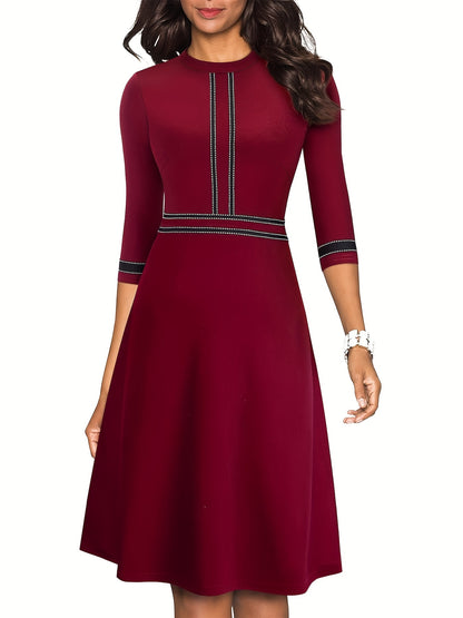 Three-quarter Sleeve Dress, Elegant Crew Neck Flare Dress, Women's Clothing