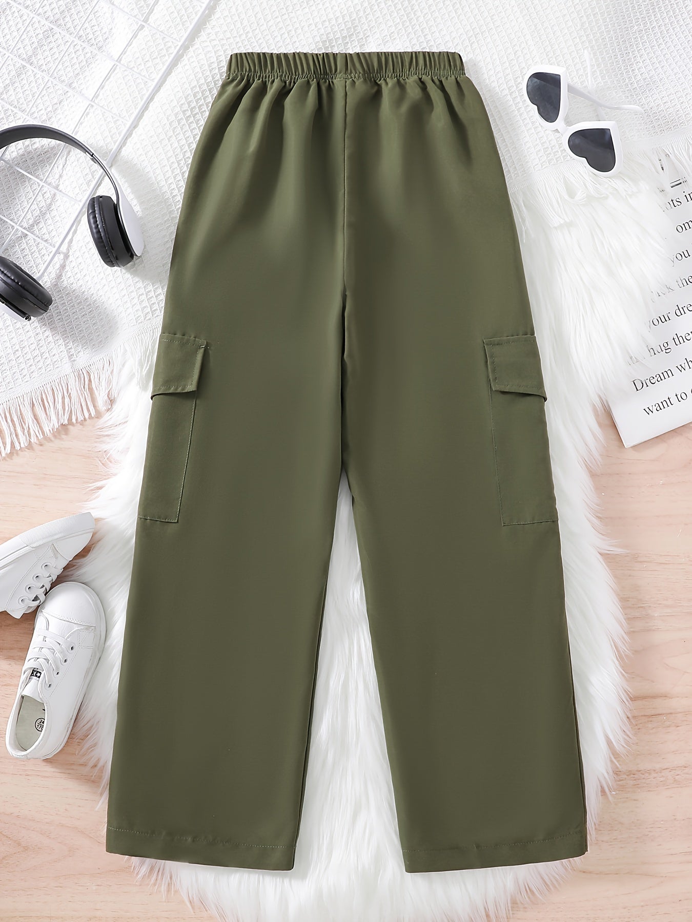 Girl Solid Trendy Side Pockets Cargo Pants, Kids Comfy Versatile Pants For Streetwear