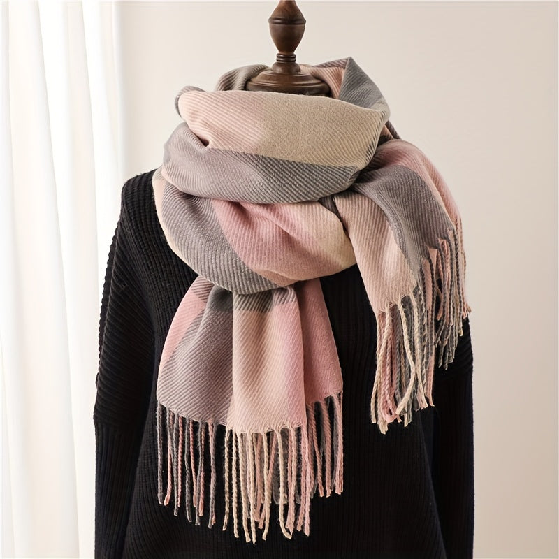 Thick Soft Plaid Tassel Scarf - Warm, Versatile, and Stylish Neck Accessory for Autumn and Winter - Polyester Made, Preppy Style, Weekend Casual Wear, Inelastic, and Feather-Free