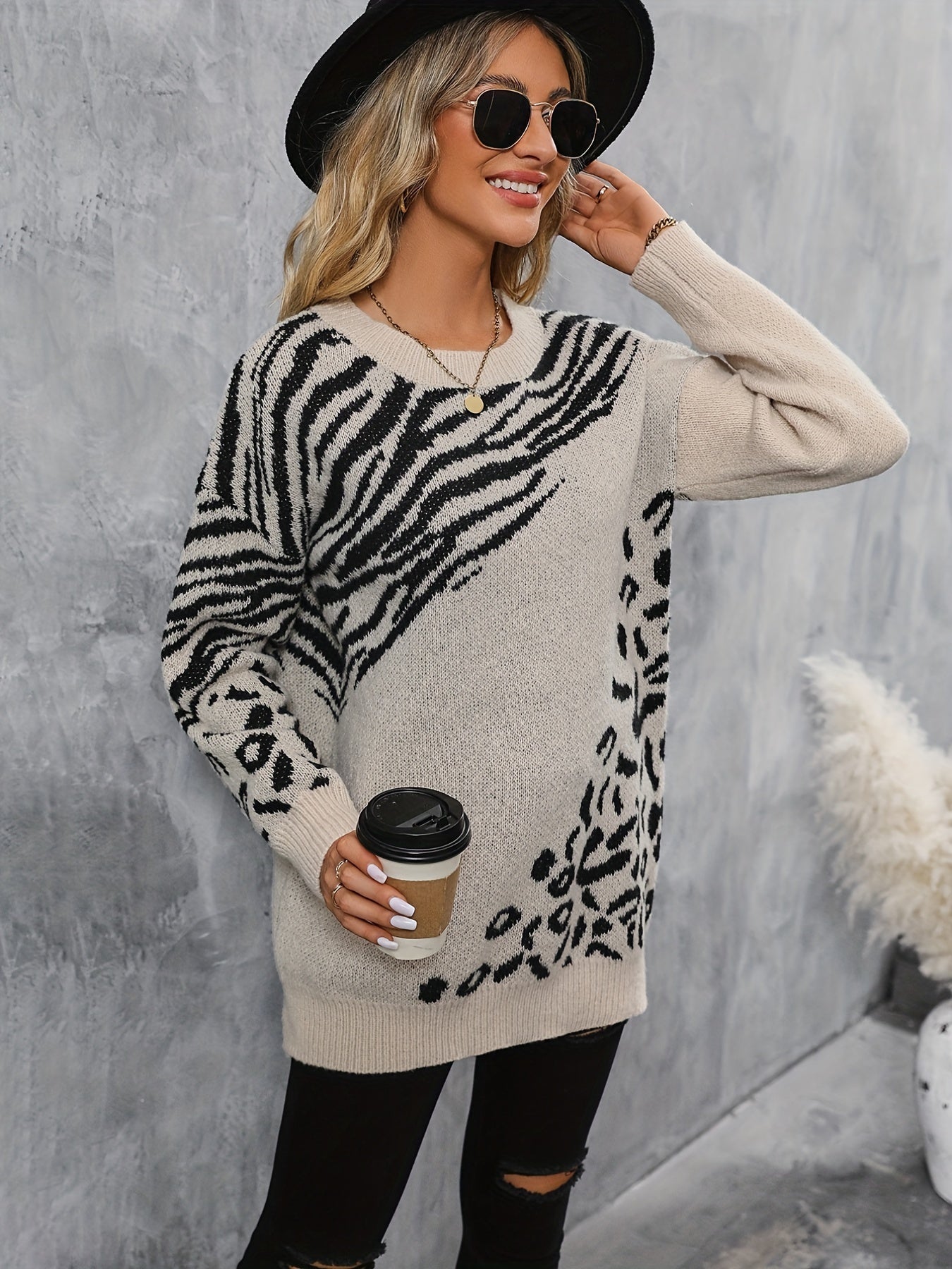 dunnmall  Leopard & Zebra Pattern Crew Neck Sweater, Vintage Long Sleeve Sweater For Fall & Winter, Women's Clothing