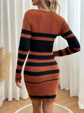 dunnmall Striped Slim Sweater Dresses , Long Sleeve Crew Neck Mini Dress , Women's Clothings